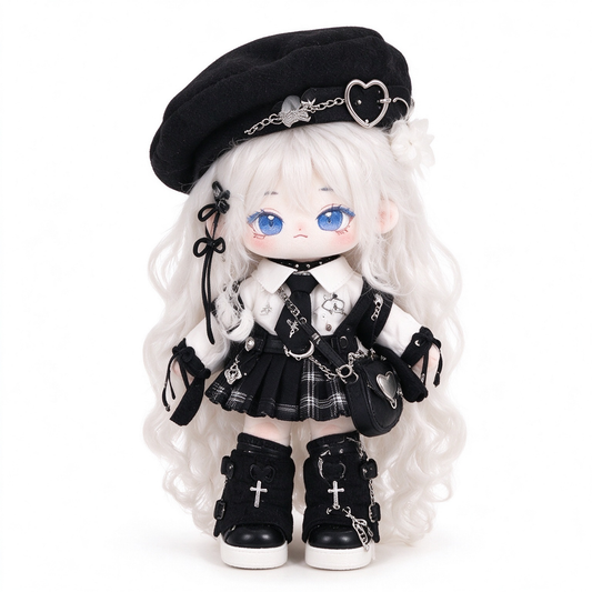 20CM White-Haired Gothic Cotton Doll with Beret and Plaid Skirt