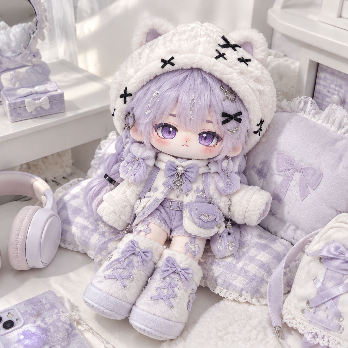 20CM Lavender Bear Cotton Doll in Soft Winterwear