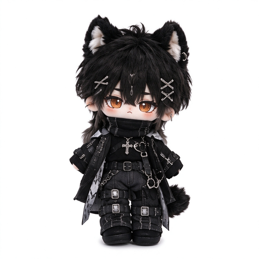 20CM Black Wolf Cotton Doll in Gothic Utility Outfit