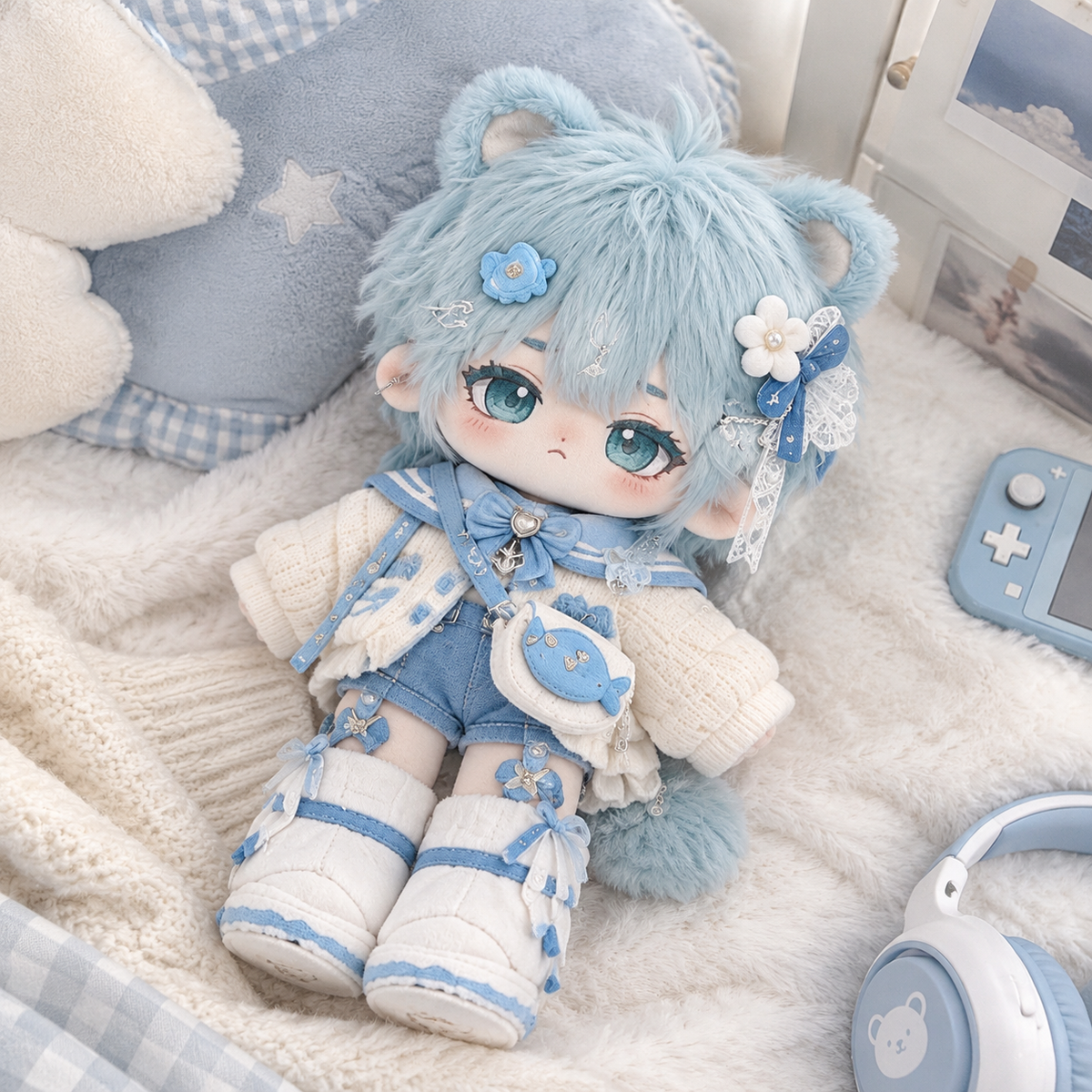 20CM Aqua Bear Cotton Doll with Ocean-Inspired Accessories
