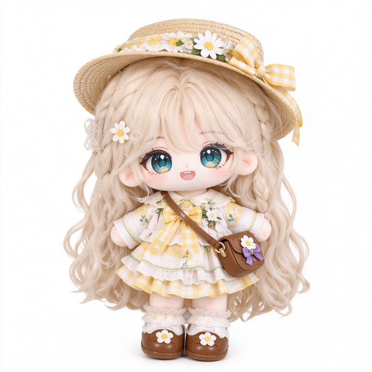 40CM Sunny Daisy Cotton Doll with Blonde Braids and Straw Hat