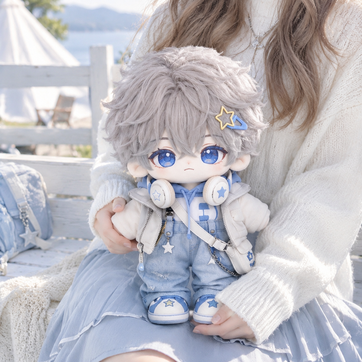 40CM Blue Streetwear Cotton Boy Doll with Headphones and Star Sneakers