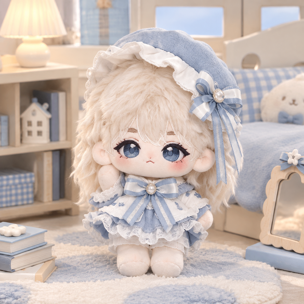 10CM Blue White Lolita Beret Cotton Doll Mini Plush Figure