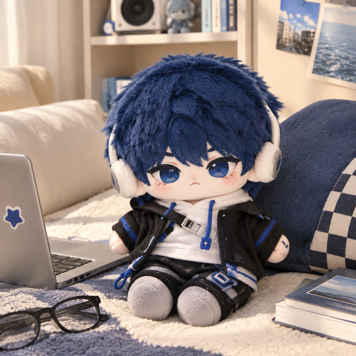 10CM Blue Hair Headphone Boy Cotton Doll Trendy Mini Plush Toy