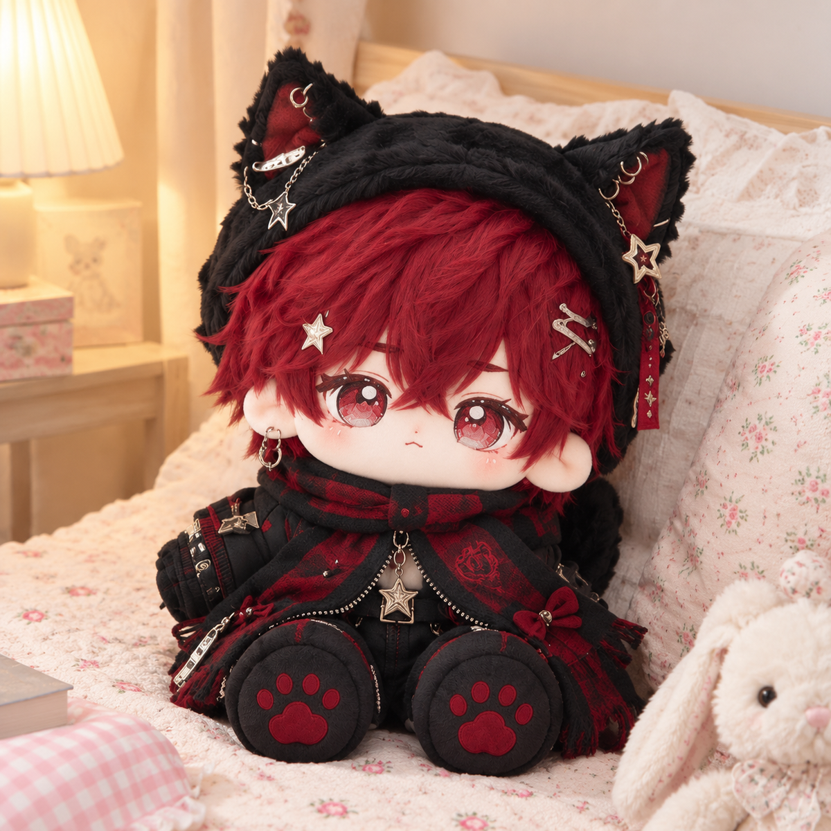 40CM Red Plaid Cat Hood Cotton Doll