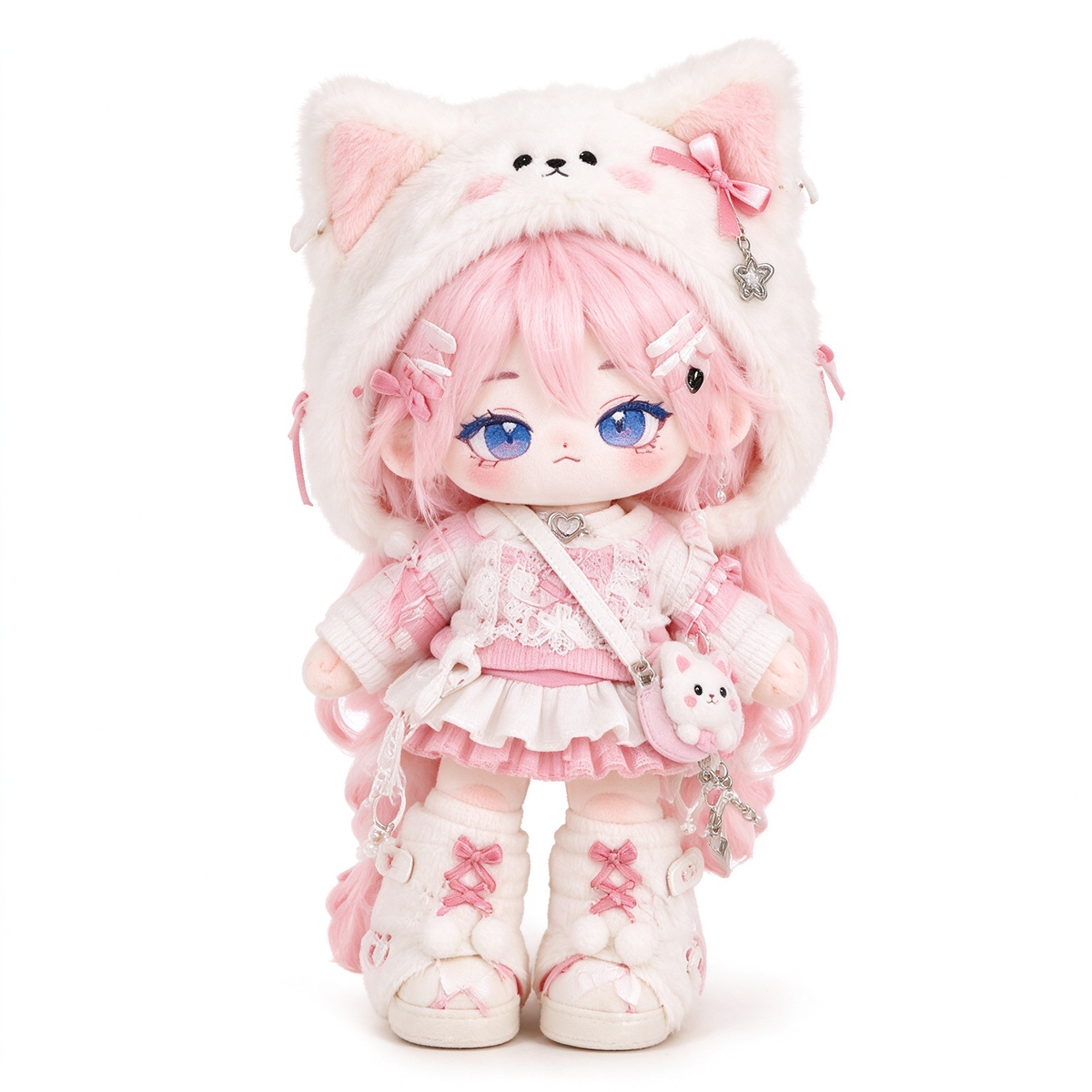 20CM Pink Cat-Hood Cotton Doll – Soft Pastel Kawaii Plush