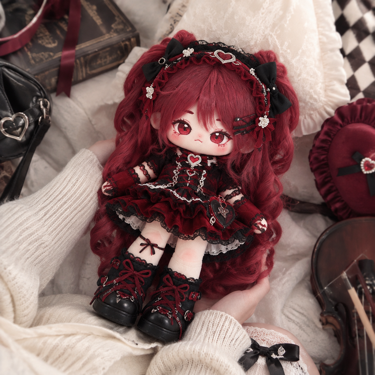 20CM Burgundy Gothic Lolita Cotton Doll – Ruffle Dress & Bows