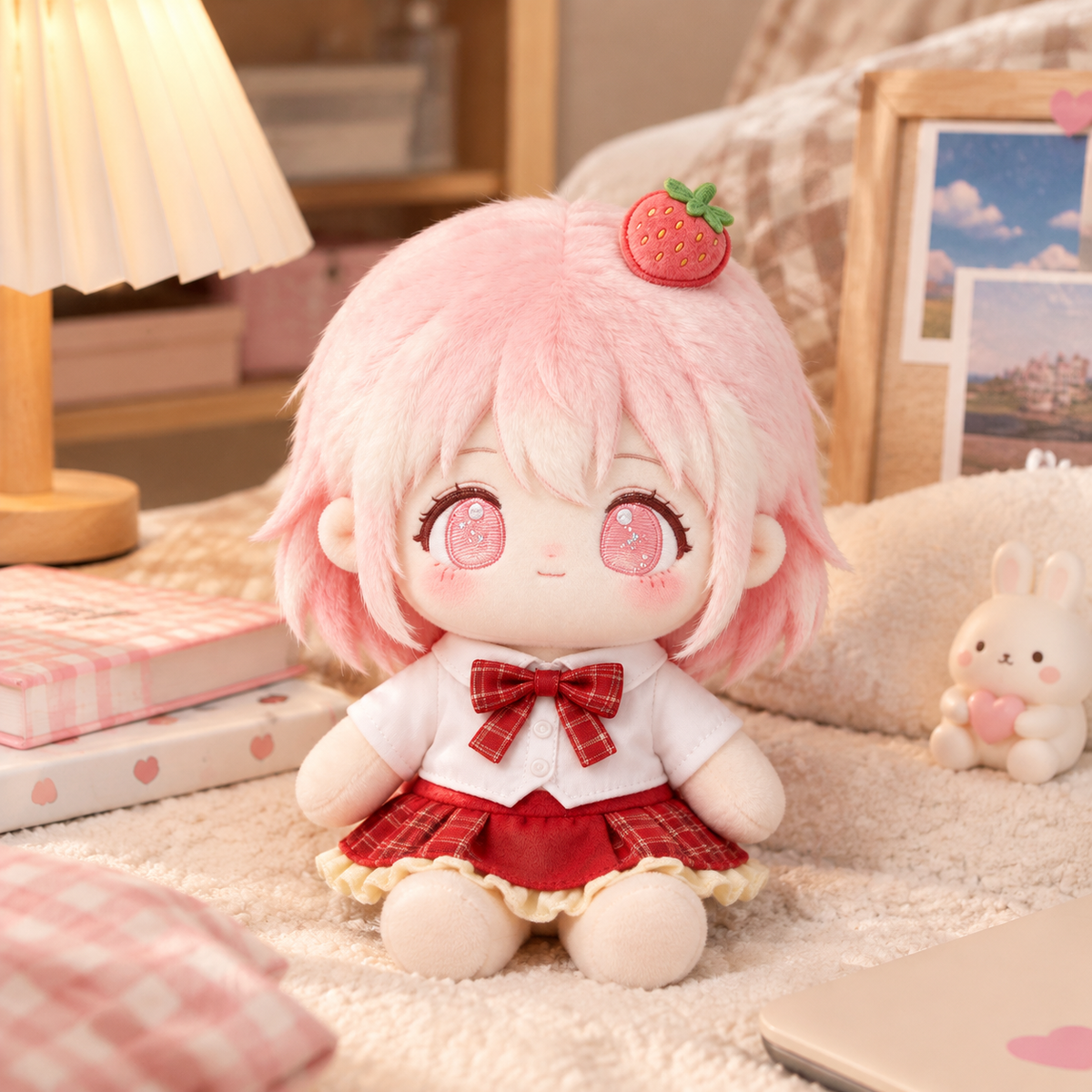10CM Strawberry Hair Girl Cotton Doll Red Plaid Skirt Plush