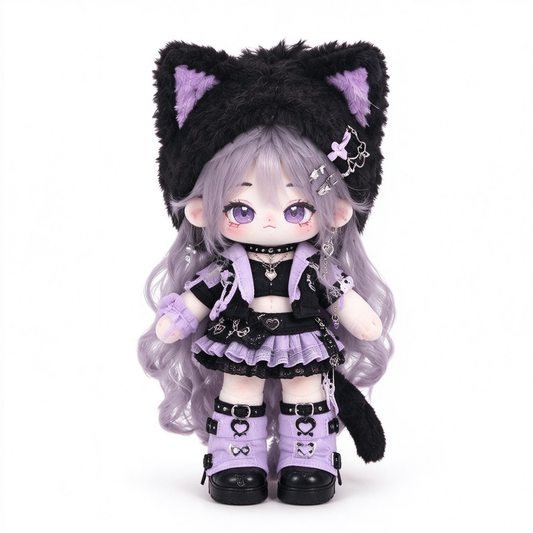 20CM Lavender Cat Cotton Doll – Purple Streetwear & Tail