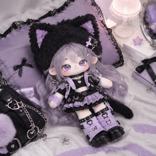 20CM Lavender Cat Cotton Doll – Purple Streetwear & Tail
