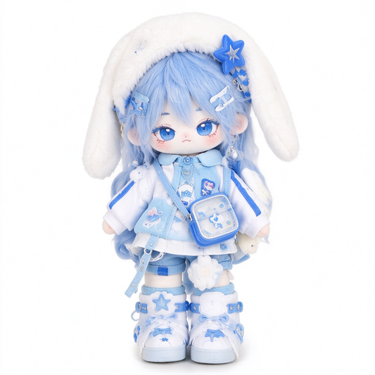 20CM Blue Bunny Cotton Doll with Kawaii Streetwear Outfit