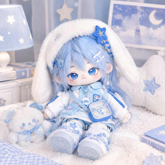 20CM Blue Bunny Cotton Doll with Kawaii Streetwear Outfit