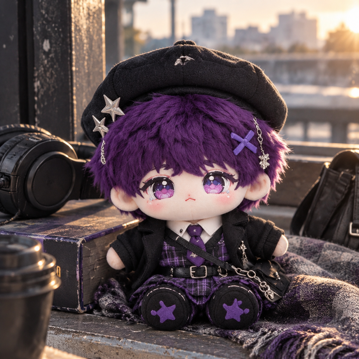 10CM Purple Hair Beret Anime Cotton Doll Kawaii Mini Plush