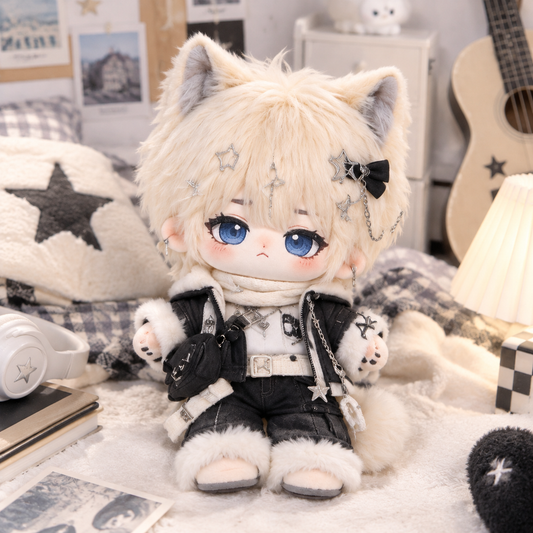 20CM Blonde Cat-Ear Cotton Doll in Cozy Black and Ivory Outfit