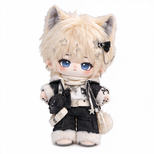 20CM Blonde Cat-Ear Cotton Doll in Cozy Black and Ivory Outfit