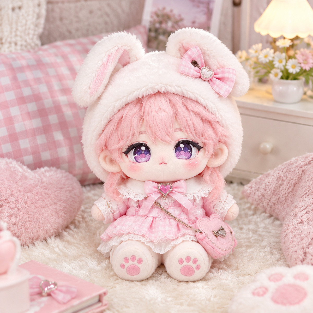 10CM Pink Bunny Ear Dress Cotton Doll Kawaii Pocket Plush Toy