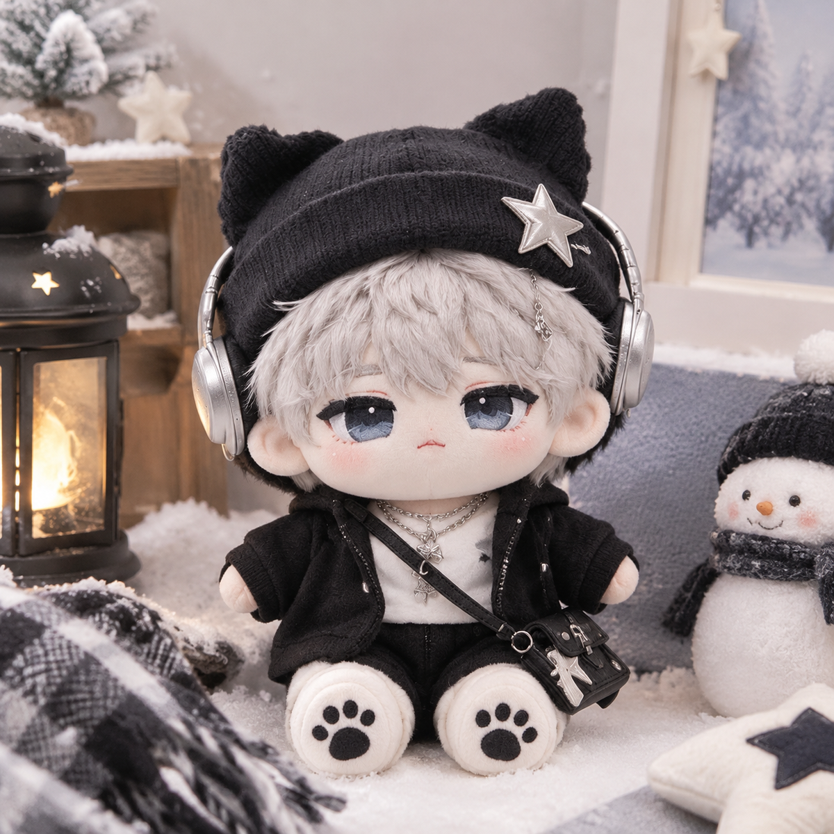 10CM Hoodie Headphone Cat Cotton Plush Doll Cool Mini Stuffed Toy