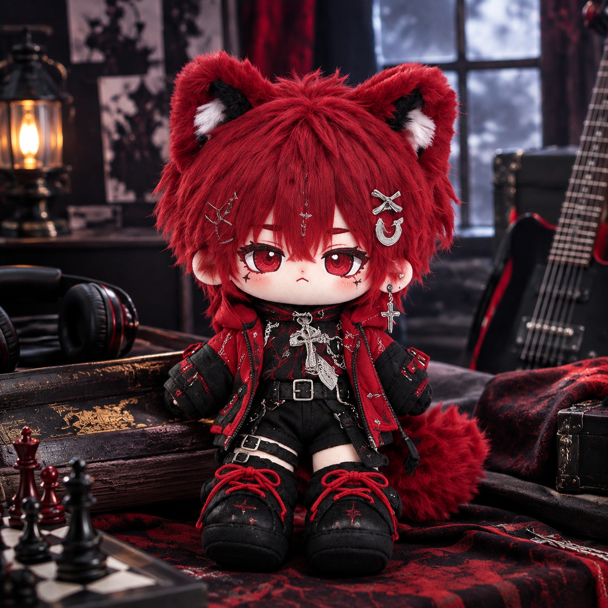 20CM Red Fox Cotton Doll in Bold Punk Streetwear