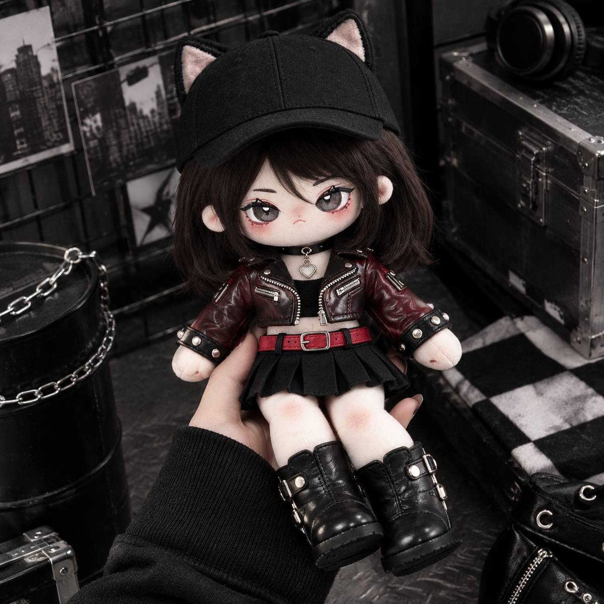 20CM Black Cat Punk Cotton Doll – Gothic Streetwear Plush