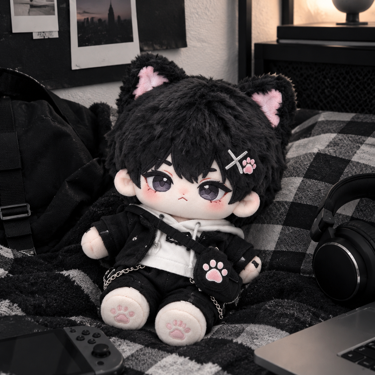 10CM Black Cat Ear Boy Cotton Doll Cool Mini Plush Toy