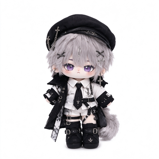 20CM Silver-Haired Gothic Cotton Doll with Cap and Layered Outfit