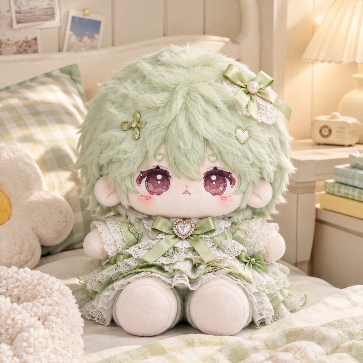 40CM Mint Green Lace Cotton Doll with Fluffy Hair and Heart Details