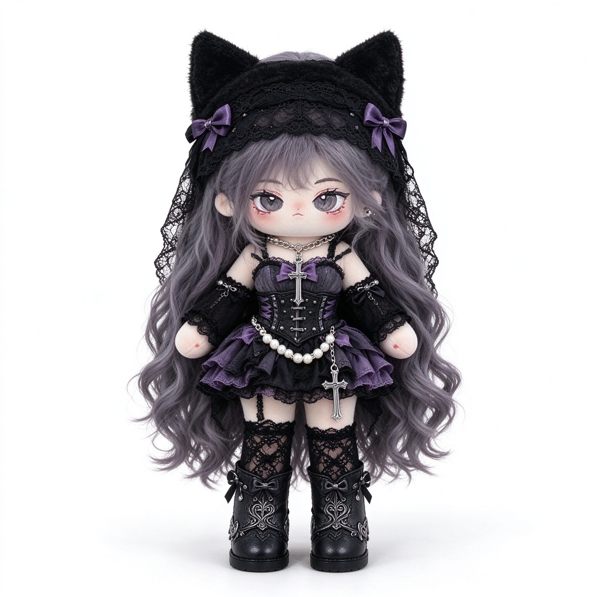 20CM Gothic Lolita Cotton Doll – Purple Lace & Cross Details