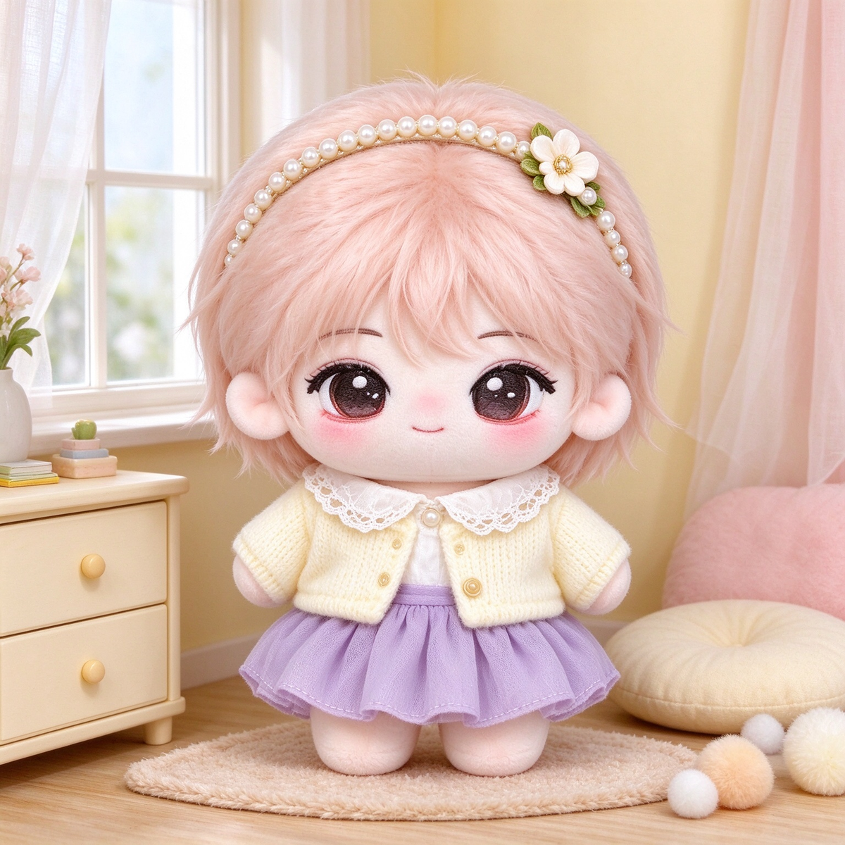 10CM Pink Hair Flower Girl Cotton Doll Cute Plushie