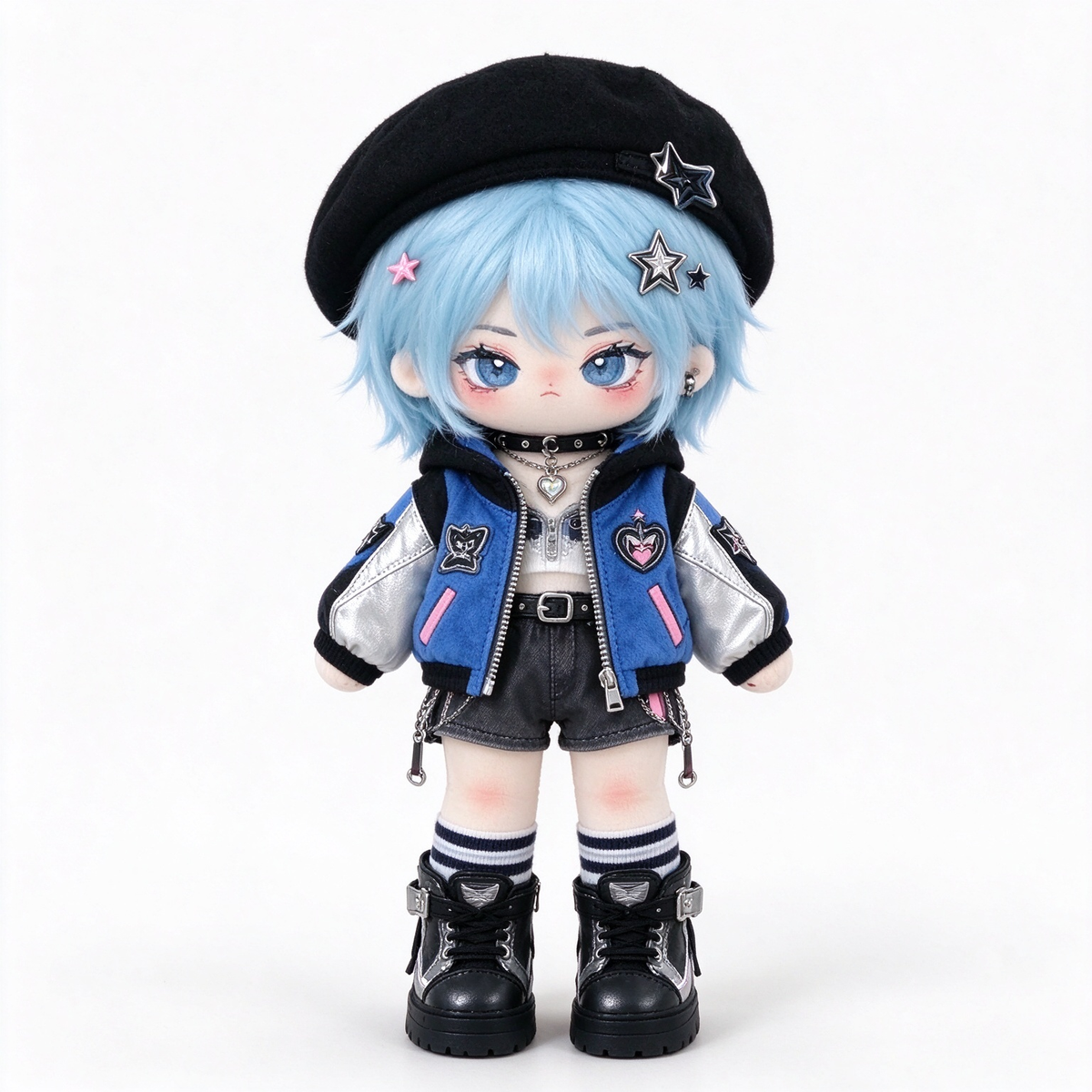 20CM Blue-Haired Streetwear Cotton Doll – Star Beret Outfit