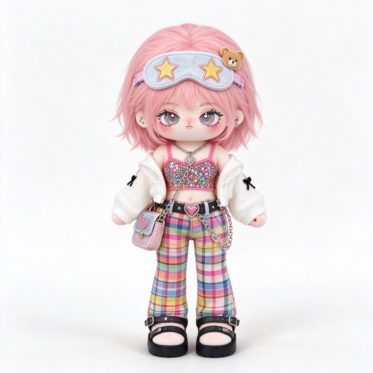 20CM Pink-Haired Cotton Doll – Colorful Plaid & Sparkle Outfit
