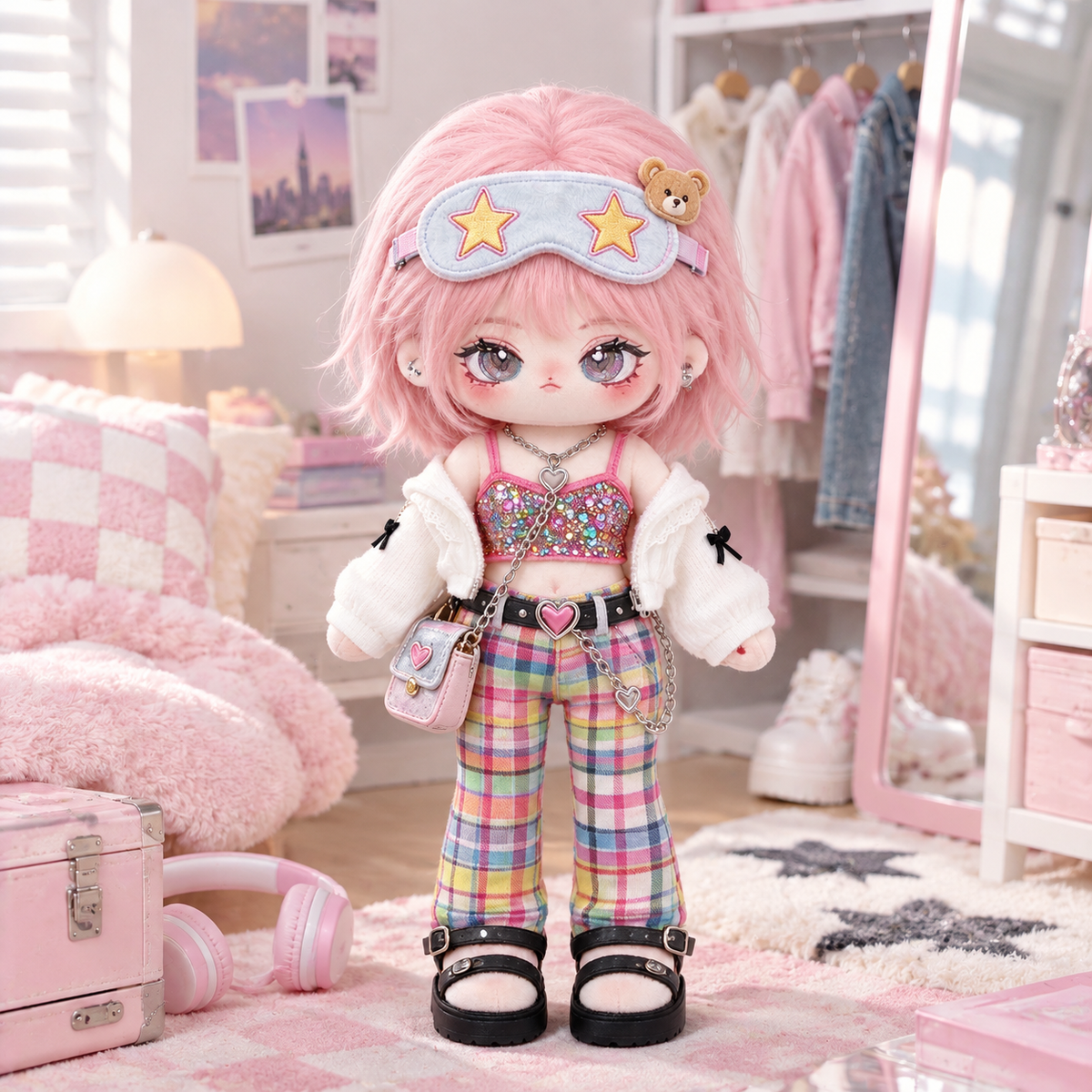 20CM Pink-Haired Cotton Doll – Colorful Plaid & Sparkle Outfit