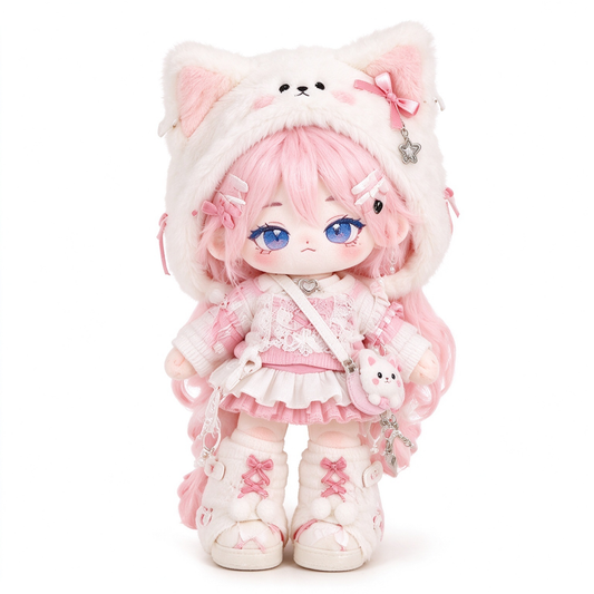 20CM Pink Cat-Hood Cotton Doll – Soft Pastel Kawaii Plush