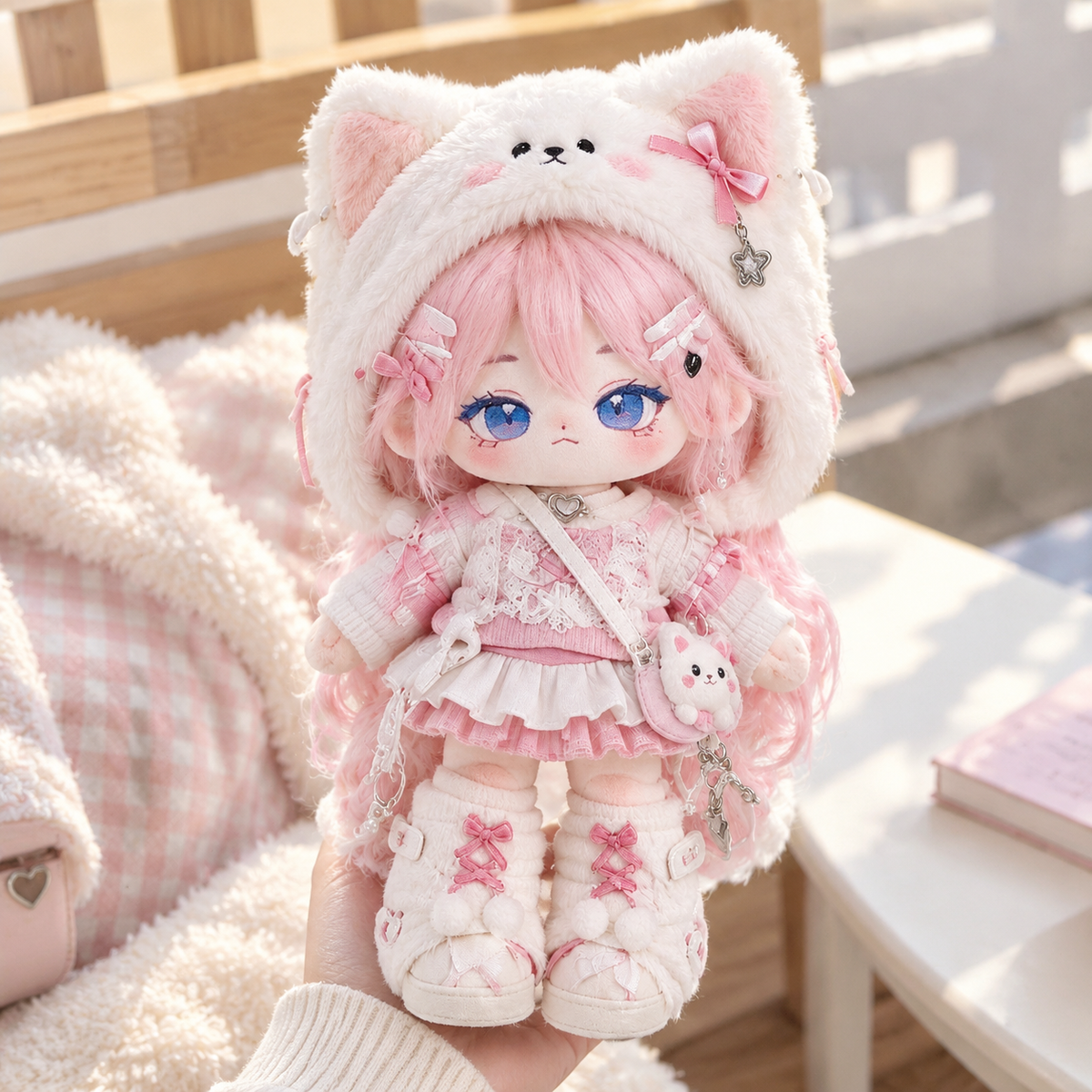 20CM Pink Cat-Hood Cotton Doll – Soft Pastel Kawaii Plush