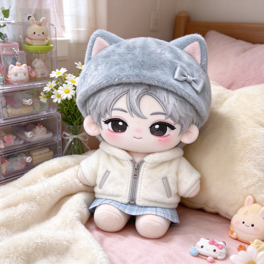 10CM Grey Cat Hat Girl Cotton Doll White Fur Jacket Plush