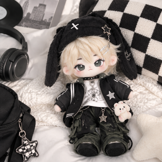 20CM Blonde Cotton Doll – Black Bunny Beanie & Utility Streetwear