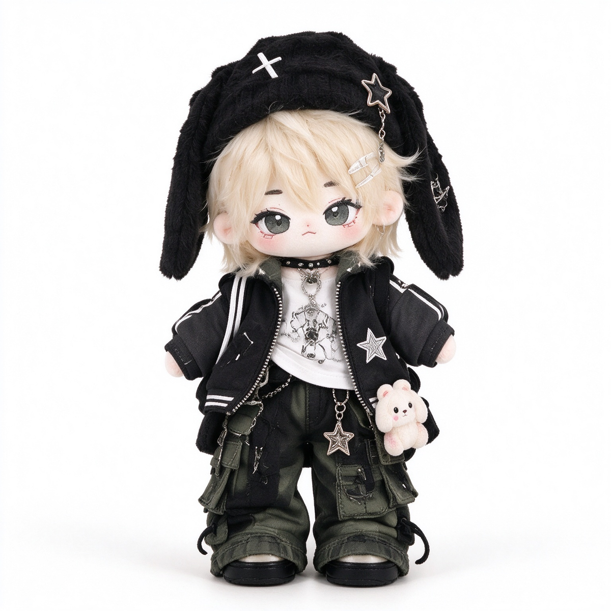 20CM Blonde Cotton Doll – Black Bunny Beanie & Utility Streetwear